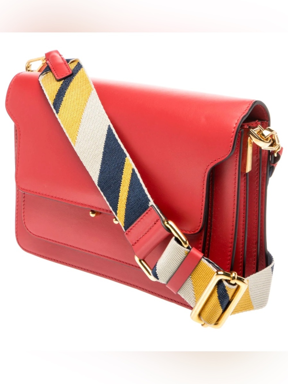 Marni Trunk Red Leather Crossbody Bag with Striped Canvas Strap